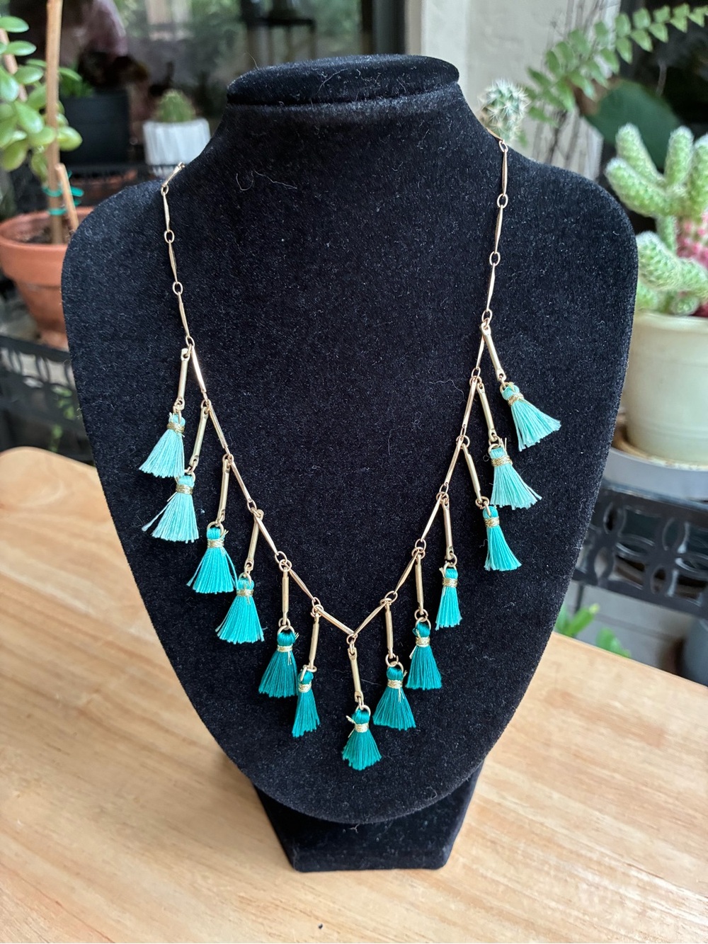 28th & Garden Party Gold Tone Ombré Teal Tassel Fringe Statement Necklace
